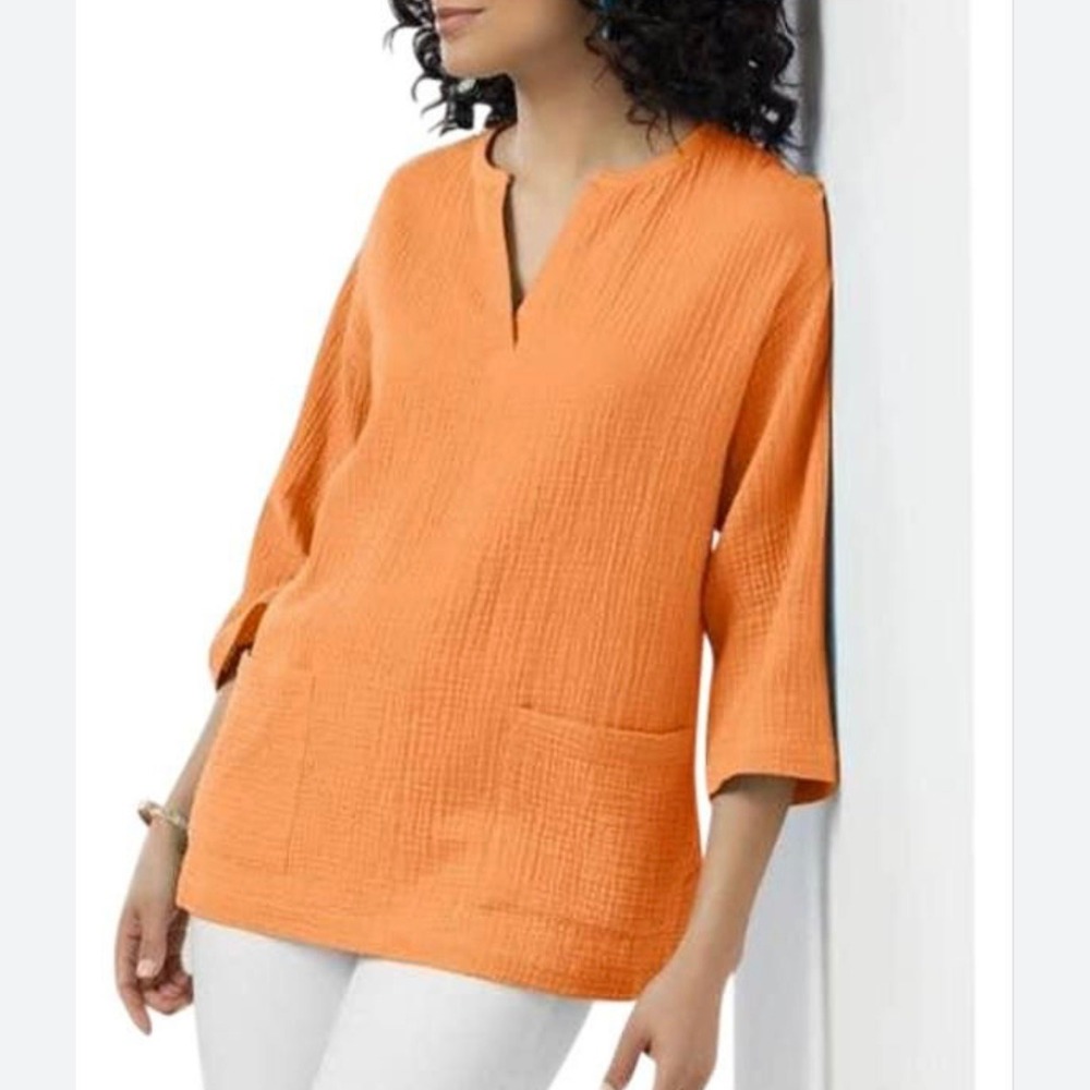 Soft Surroundings Araza Orange Cotton Gauze 3/4 Sleeve‎ Top Pockets XL